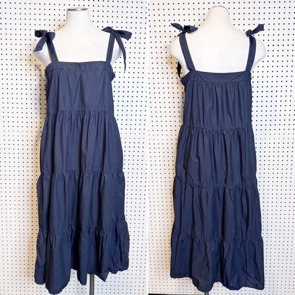 Nation LTD | Navy Blue Pima Cotton Tiered Tie Shoulder Midi Dress 5118CP Size S